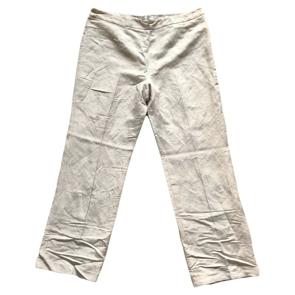 Kasper Linen Straight Leg Pants Women's Size 16 Beige High Waist Side Zip